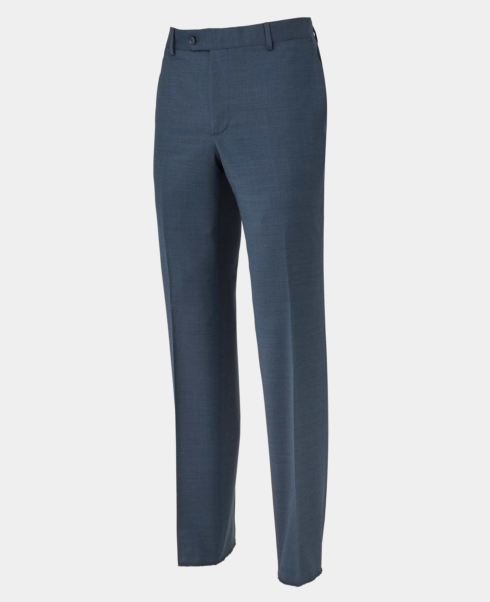 Men's tailored trousers in dark blue wool-blend, featuring a flat front, belt loops, and a slim fit, size 38" x 32", by Savile Row Company.