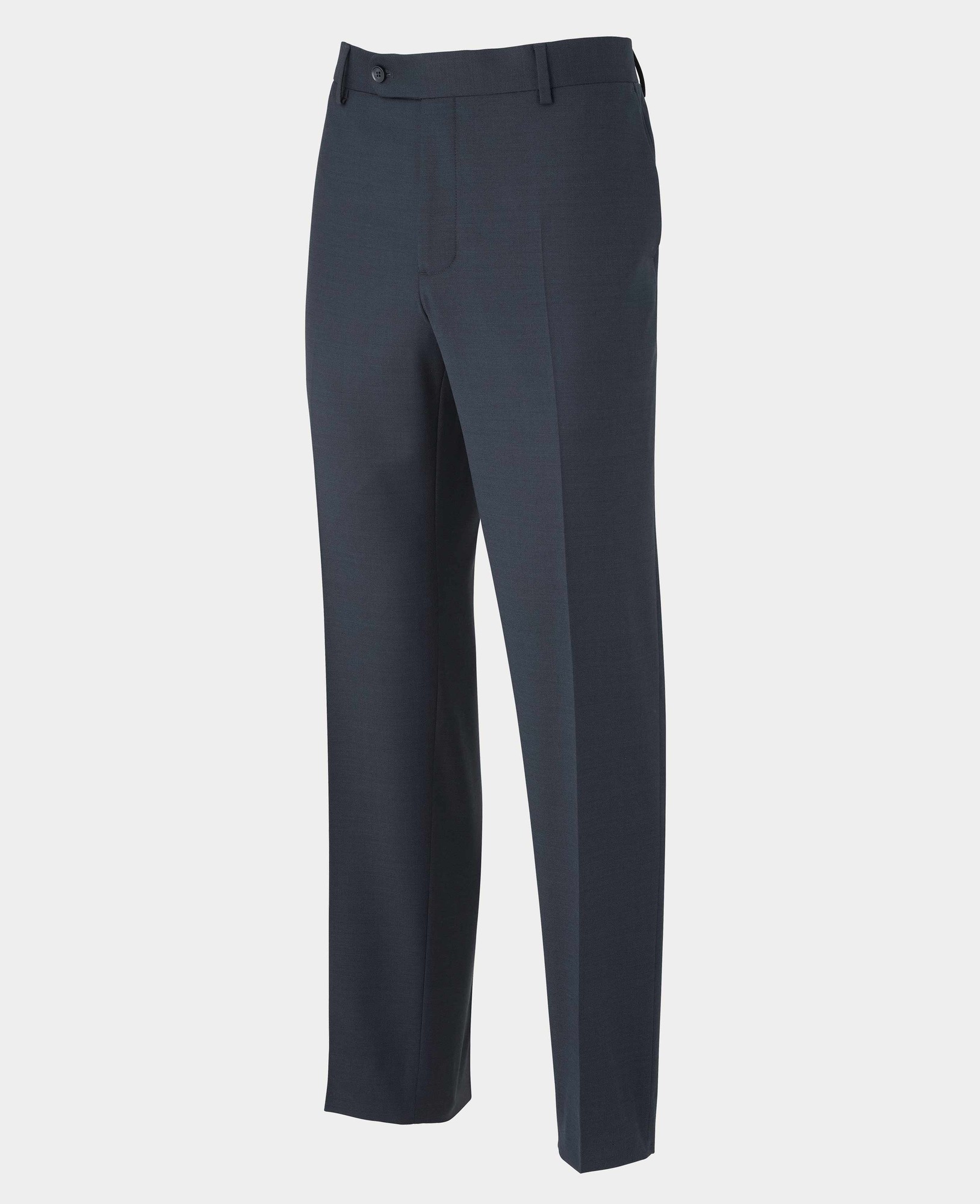 Men's dark navy wool blend suit trousers featuring a tailored fit, flat front, and side pockets, available in size 38" x 30" by Savile Row Company.