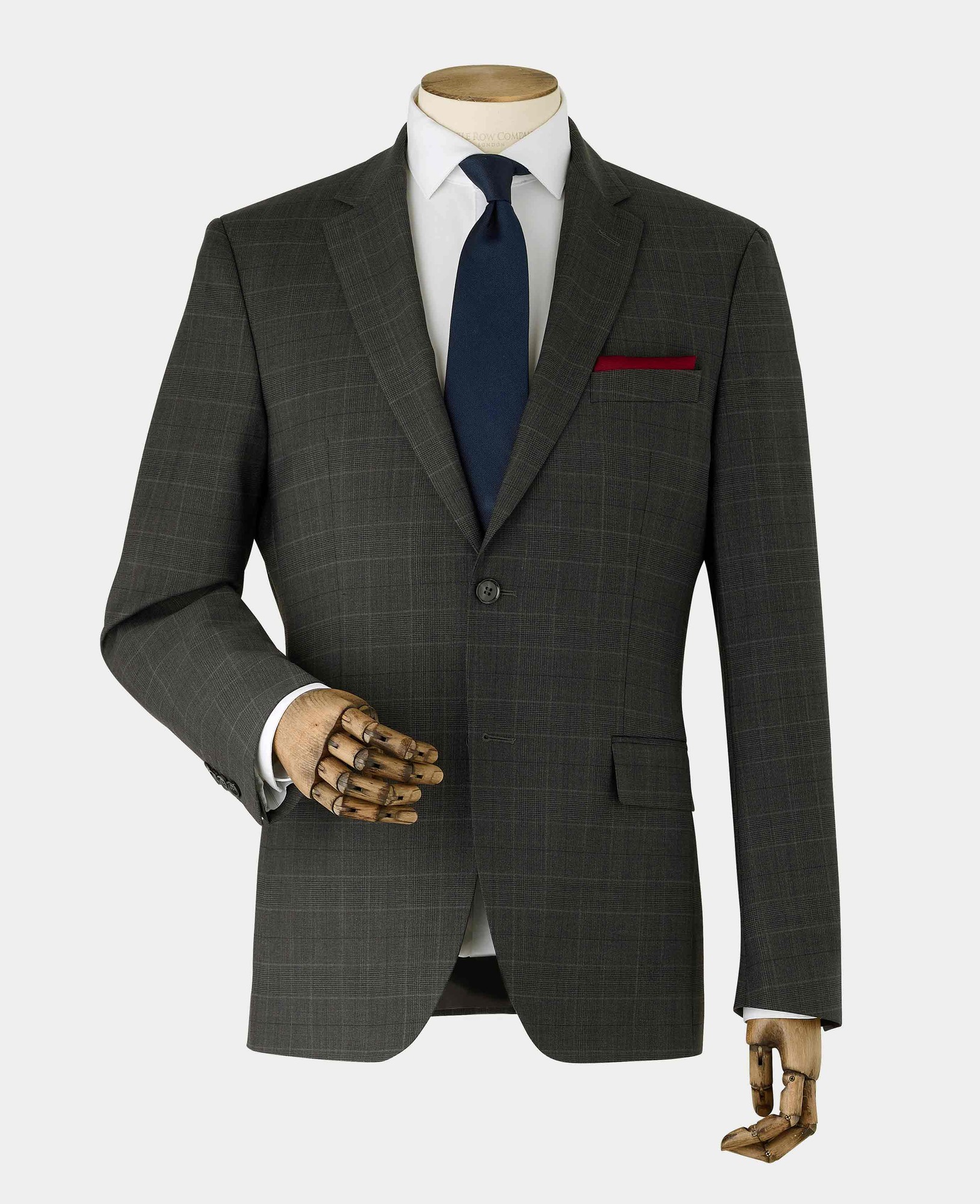 Men's grey Prince of Wales check wool blend suit jacket in size 46 X Long, featuring a single button closure, notch lapels, and a red pocket square.