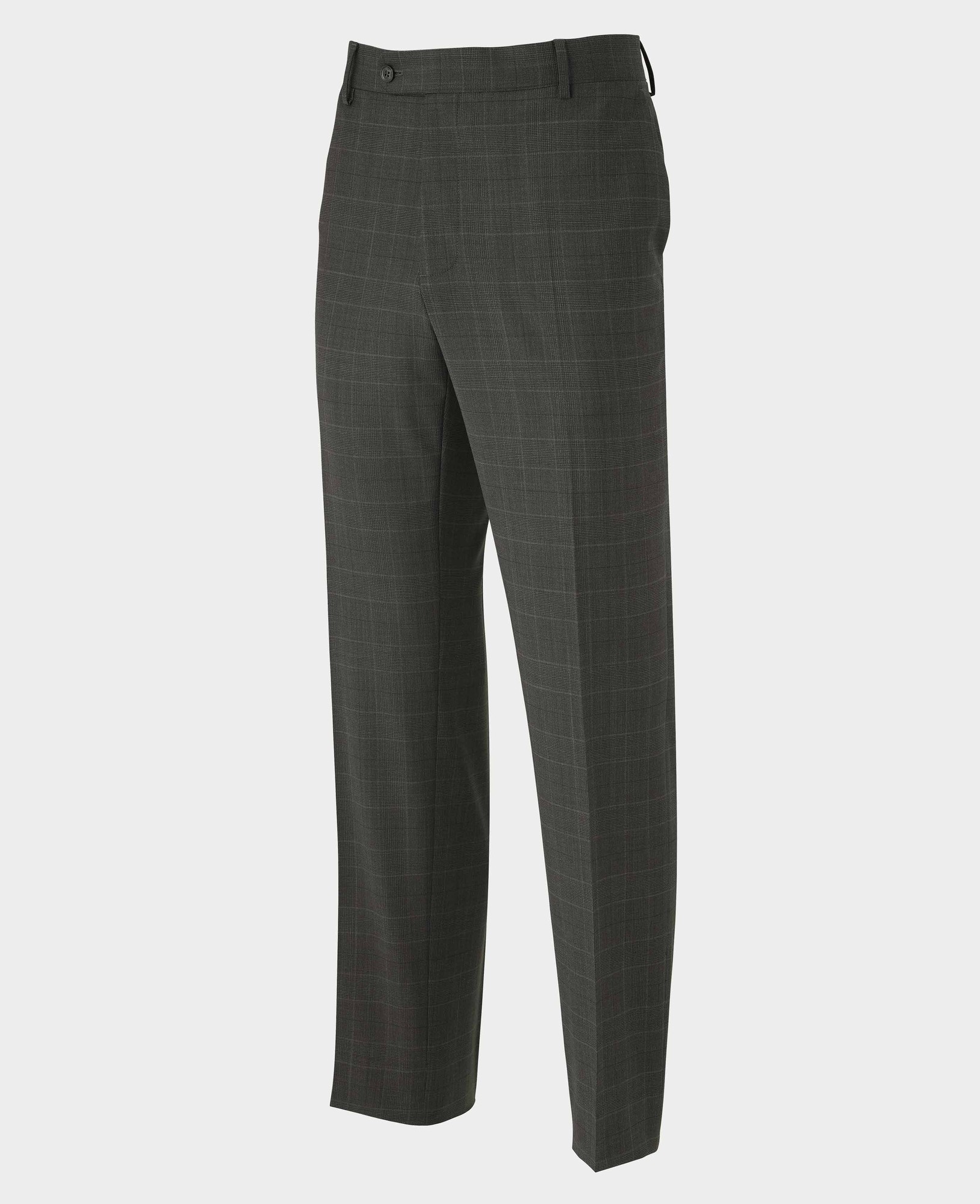 Men's grey Prince of Wales check trousers made from a wool blend, featuring a tailored fit, flat front, and belt loops, available in size 32" x 32".