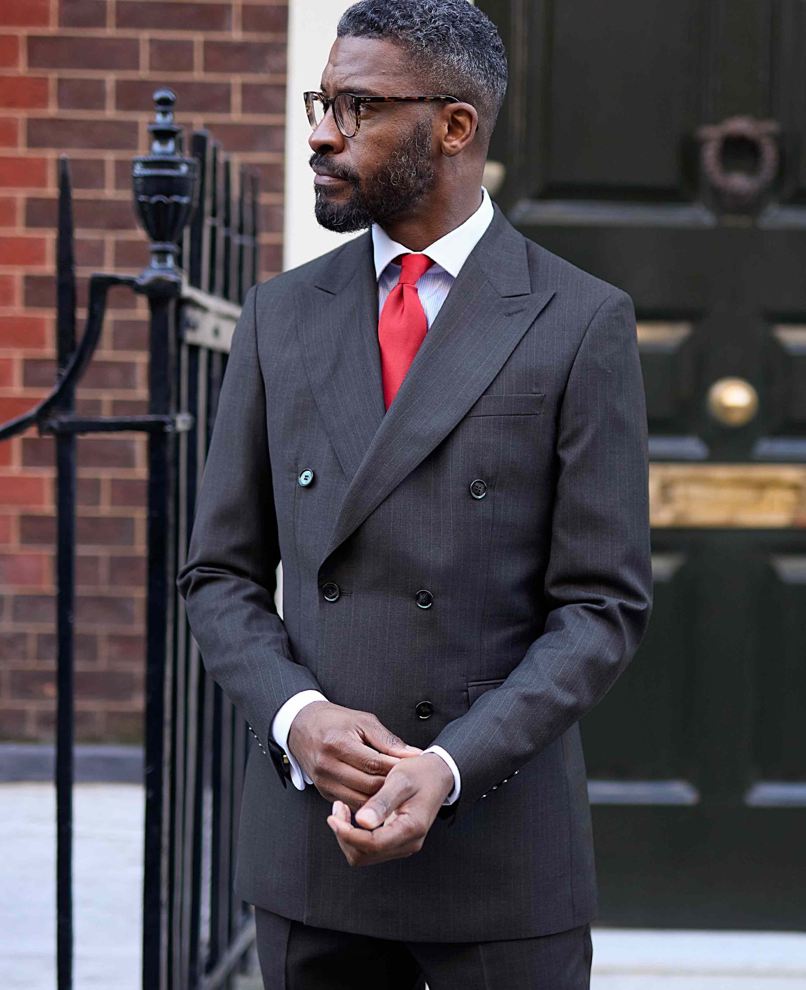 Men's Grey Wool Blend Chalk Stripe Double Breasted Suit Jacket - Size: 46" x Short - Savile Row Company - image 2