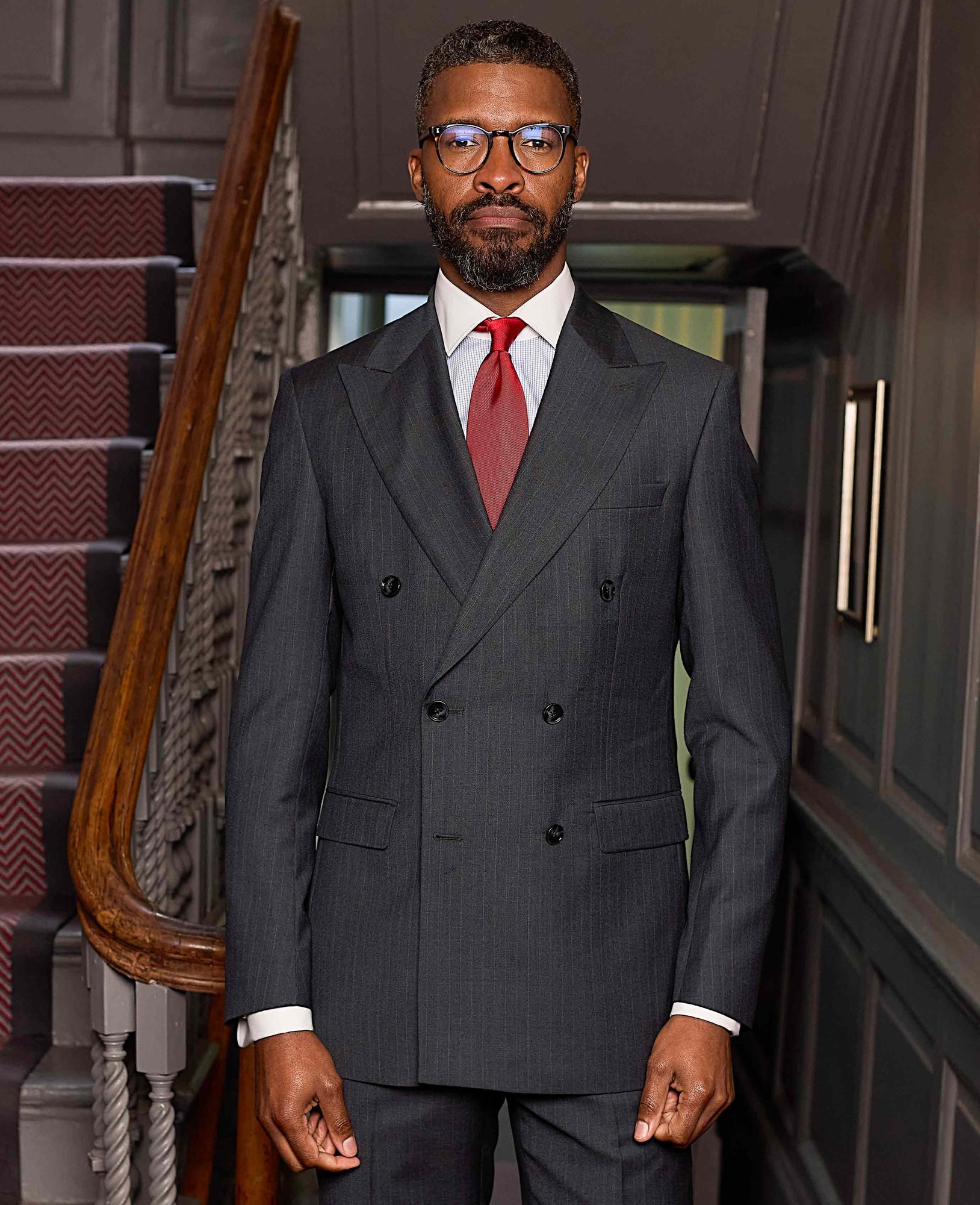 Men's Grey Wool Blend Chalk Stripe Double Breasted Suit Jacket - Size: 46" x Short - Savile Row Company - image 4