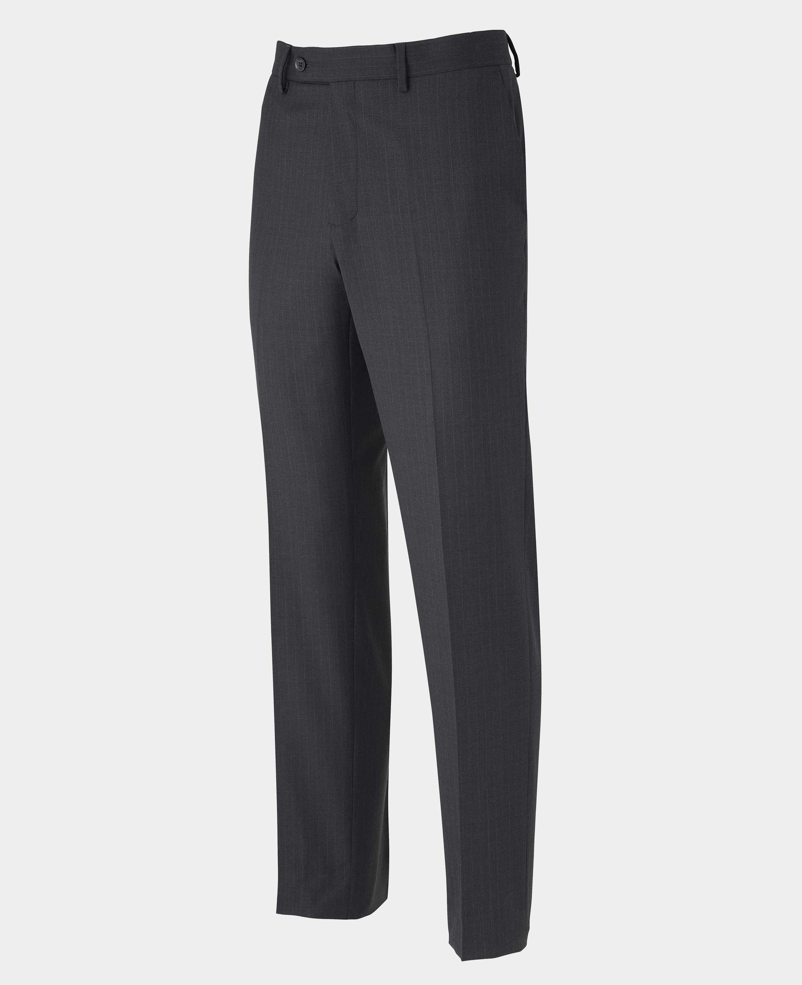 Men's grey wool blend trousers featuring a chalk stripe pattern, tailored fit, size 30" x 33", with a flat front and belt loops by Savile Row Company.