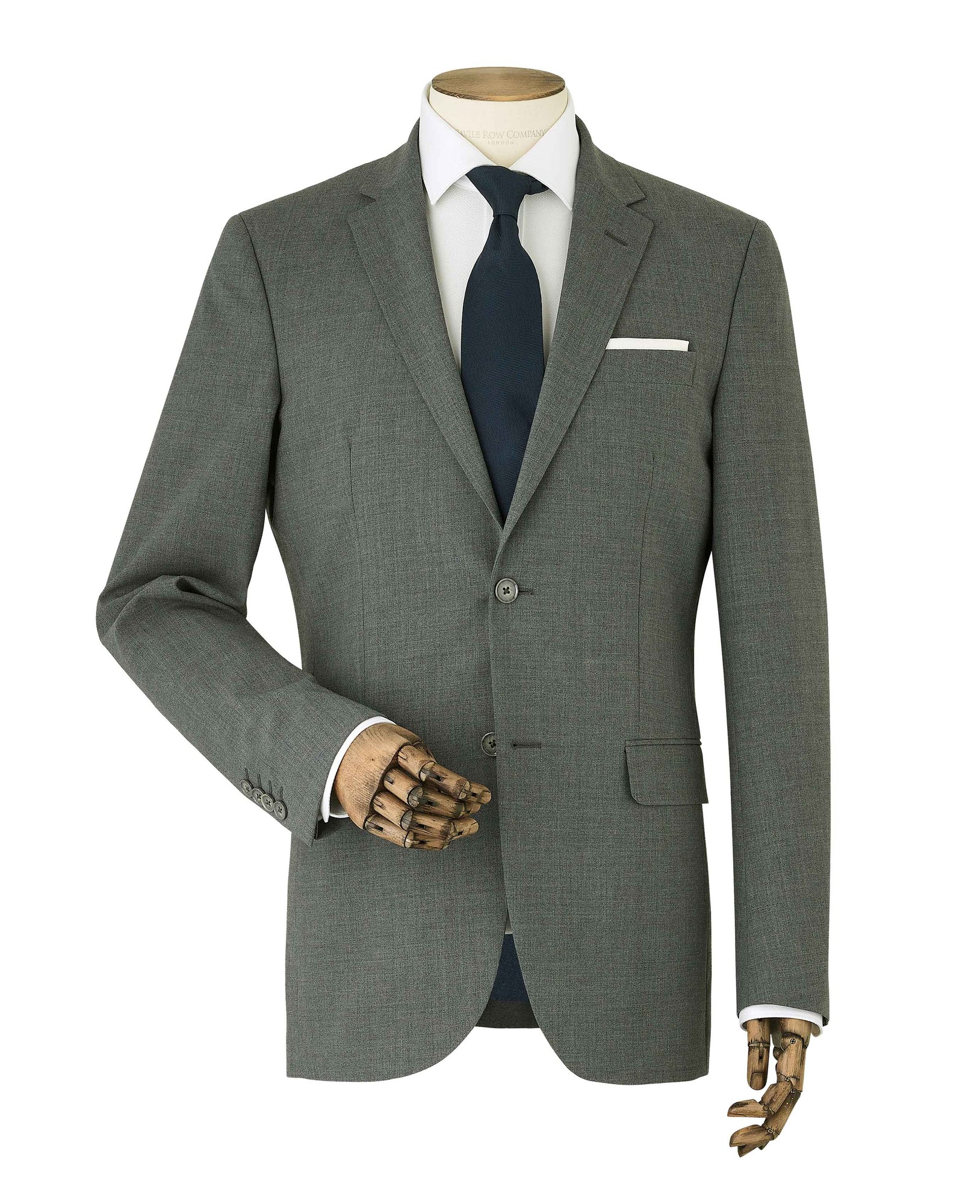 Men's grey wool-blend suit jacket, size 42 X Short, featuring a notched lapel, two-button closure, and a white pocket square, displayed on a mannequin with a navy tie.