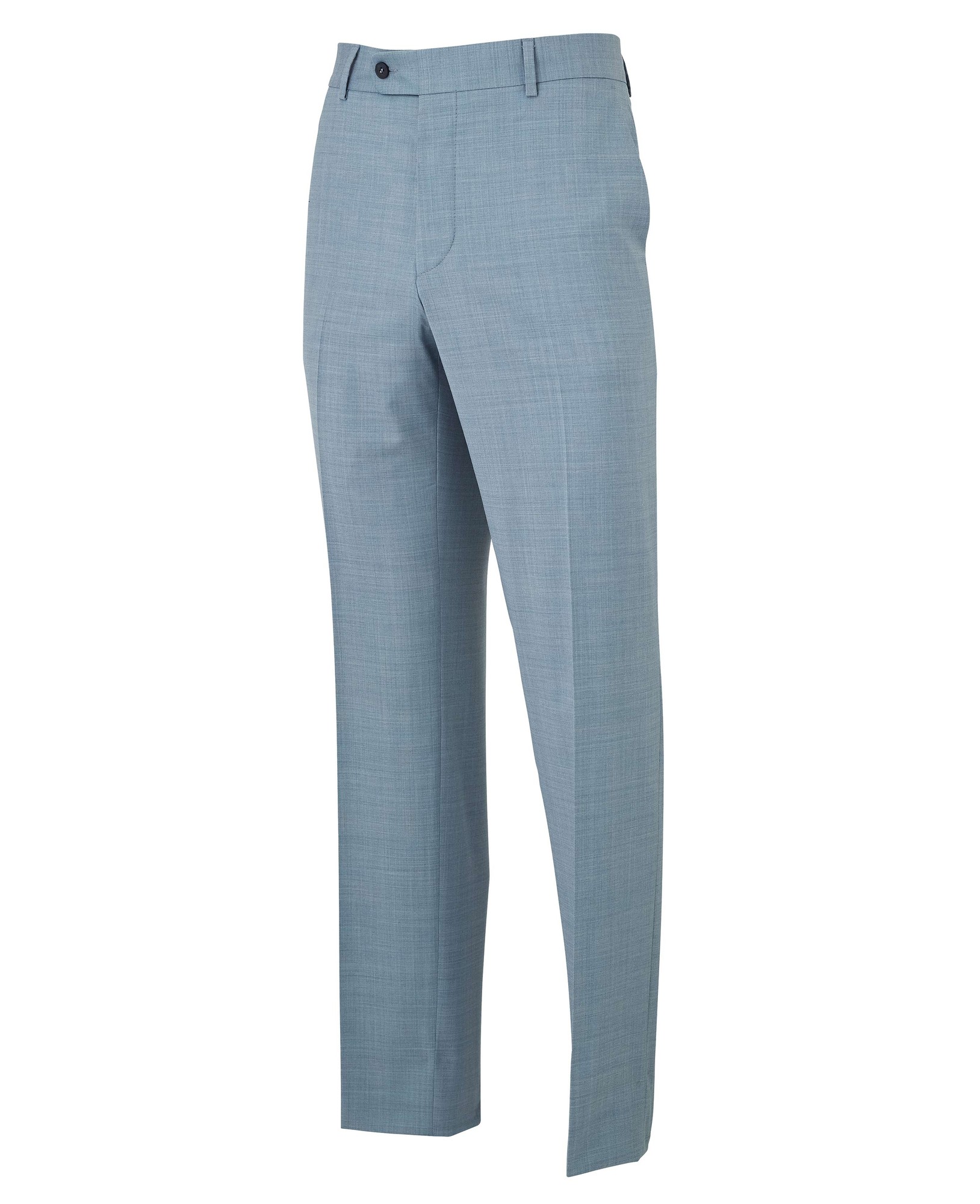Light blue wool-blend tailored suit trousers with a slim fit, featuring a flat front, two side pockets, and a single back pocket, size 34" x 32", by Savile Row Company.