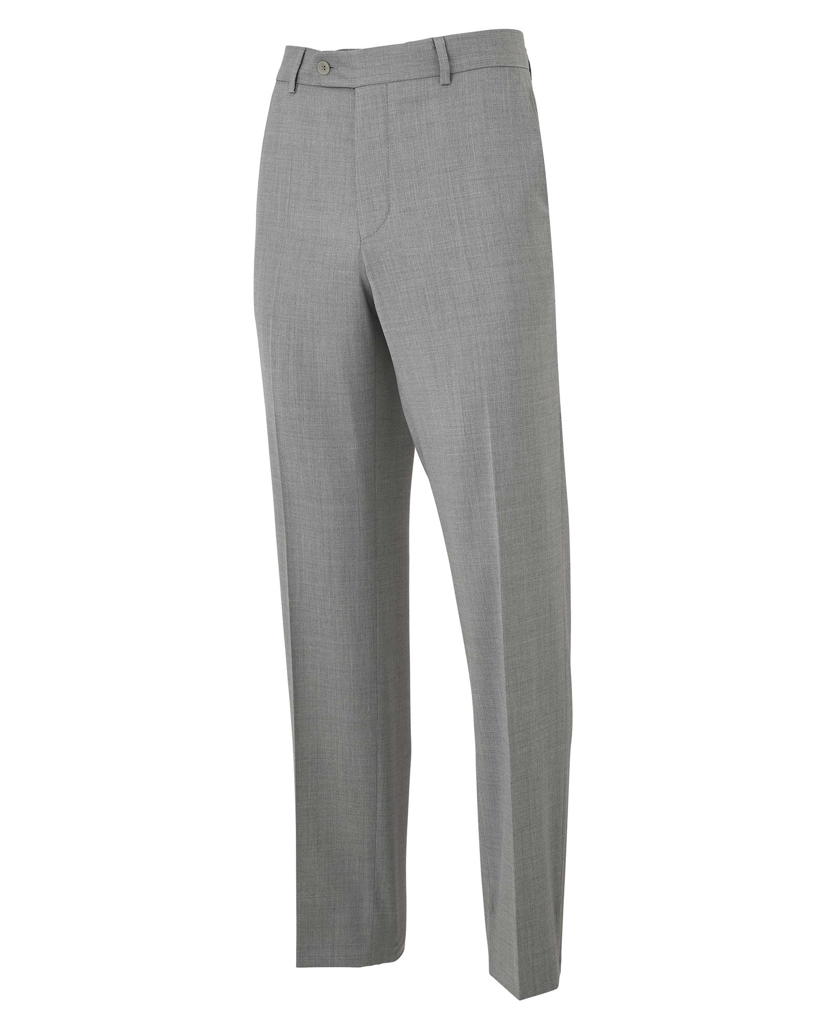 Mid-grey wool-blend tailored suit trousers with a flat front, side pockets, and a classic fit, size 36" X 34", by Savile Row Company.