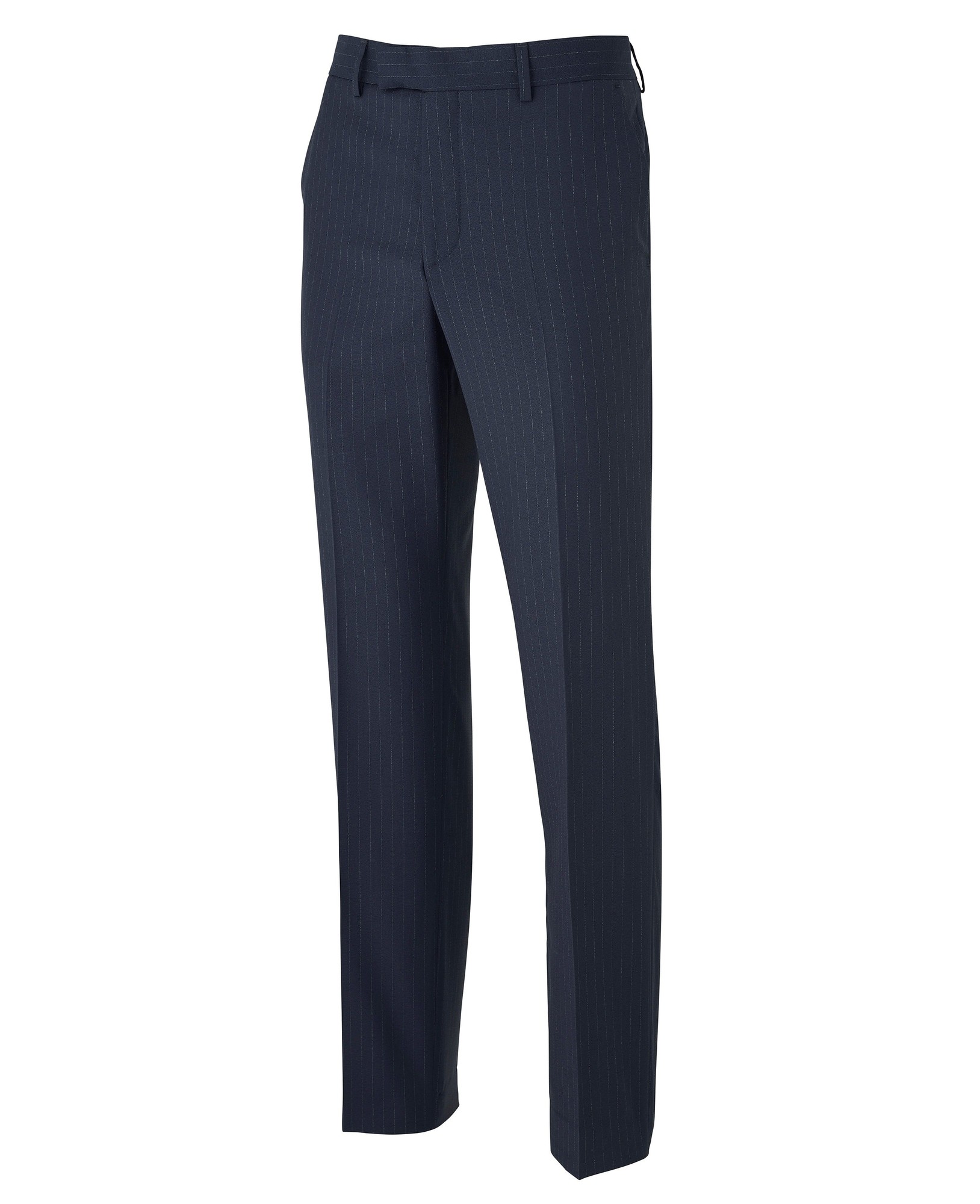 Men's navy stripe suit trousers in size 30" x 30", featuring a sleek, tailored fit with subtle pinstripes and a classic waistband design by Savile Row Company.