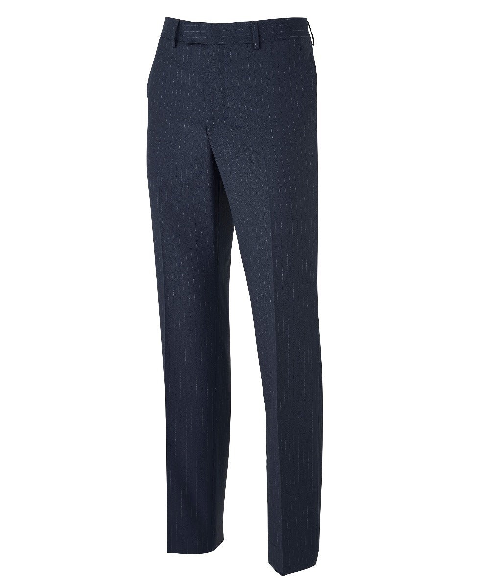Men's tailored trousers in navy with subtle stripe pattern, made from a fine material, featuring a flat front and straight leg design, size 34" x 32", by Savile Row Company.