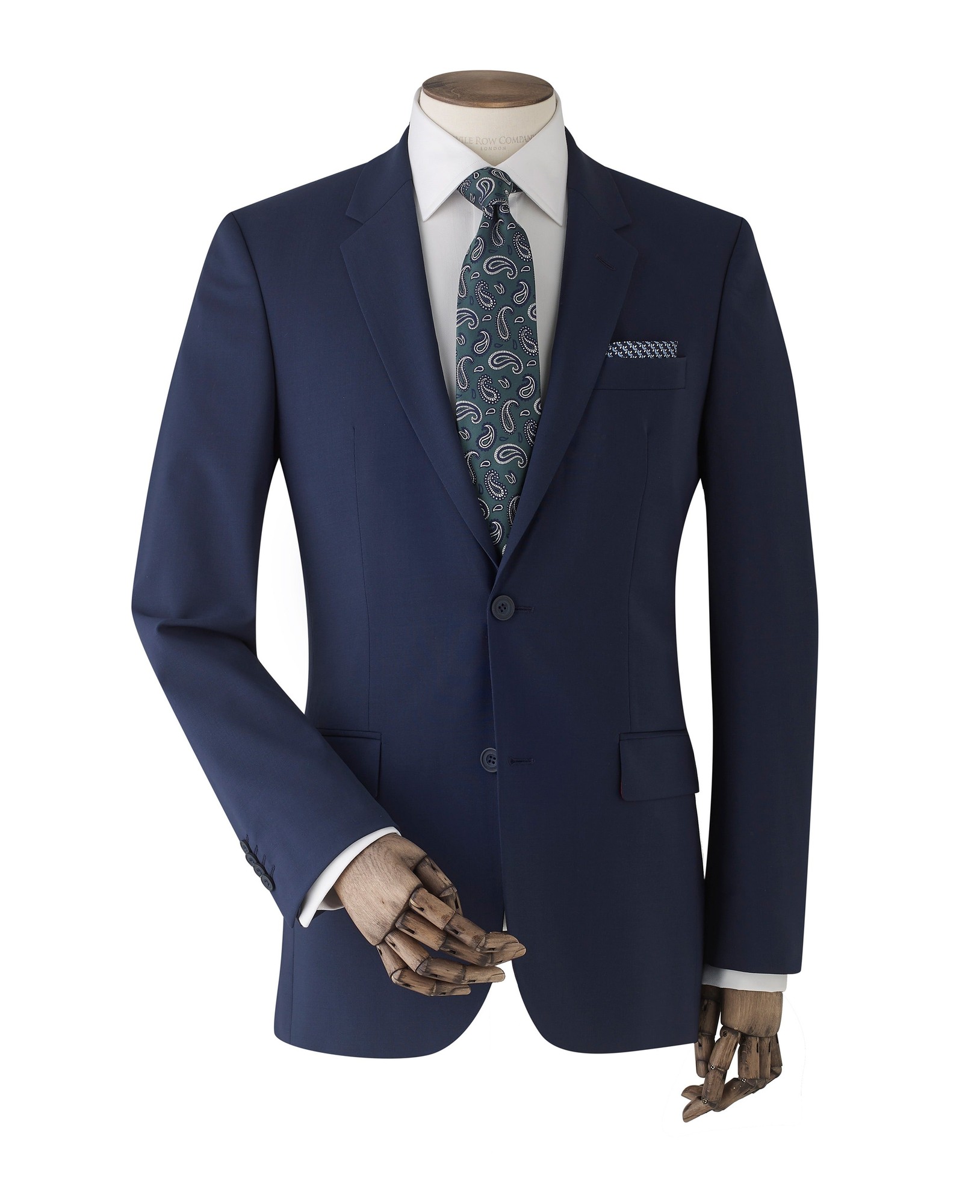 Men's navy wool-blend suit jacket in size 38X short, featuring a single-breasted design, notch lapels, two front pockets, and a patterned tie with a pocket square.