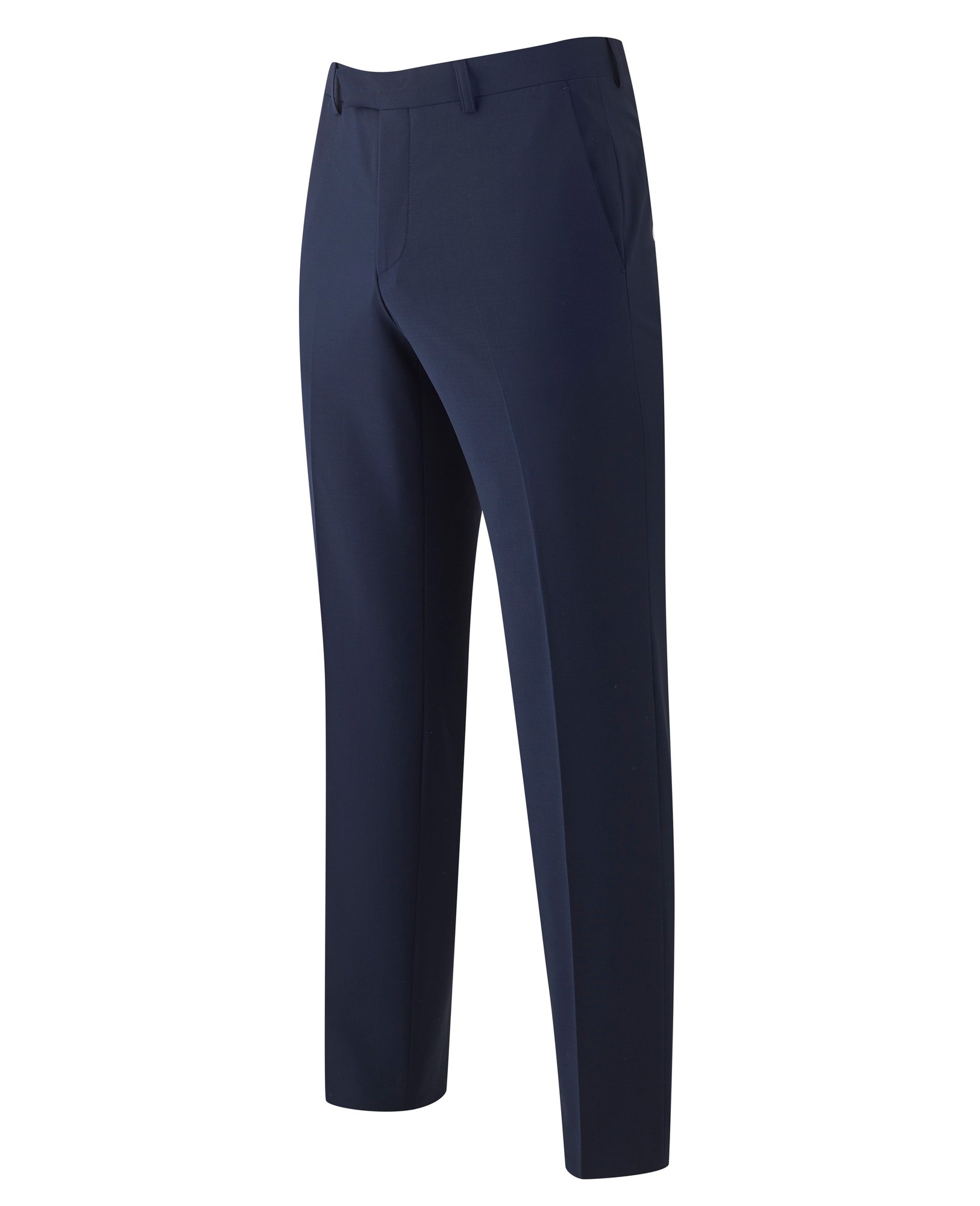Men's navy wool-blend suit trousers featuring a tailored fit, side pockets, and a smooth finish, available in size 36" x 30" from Savile Row Company.