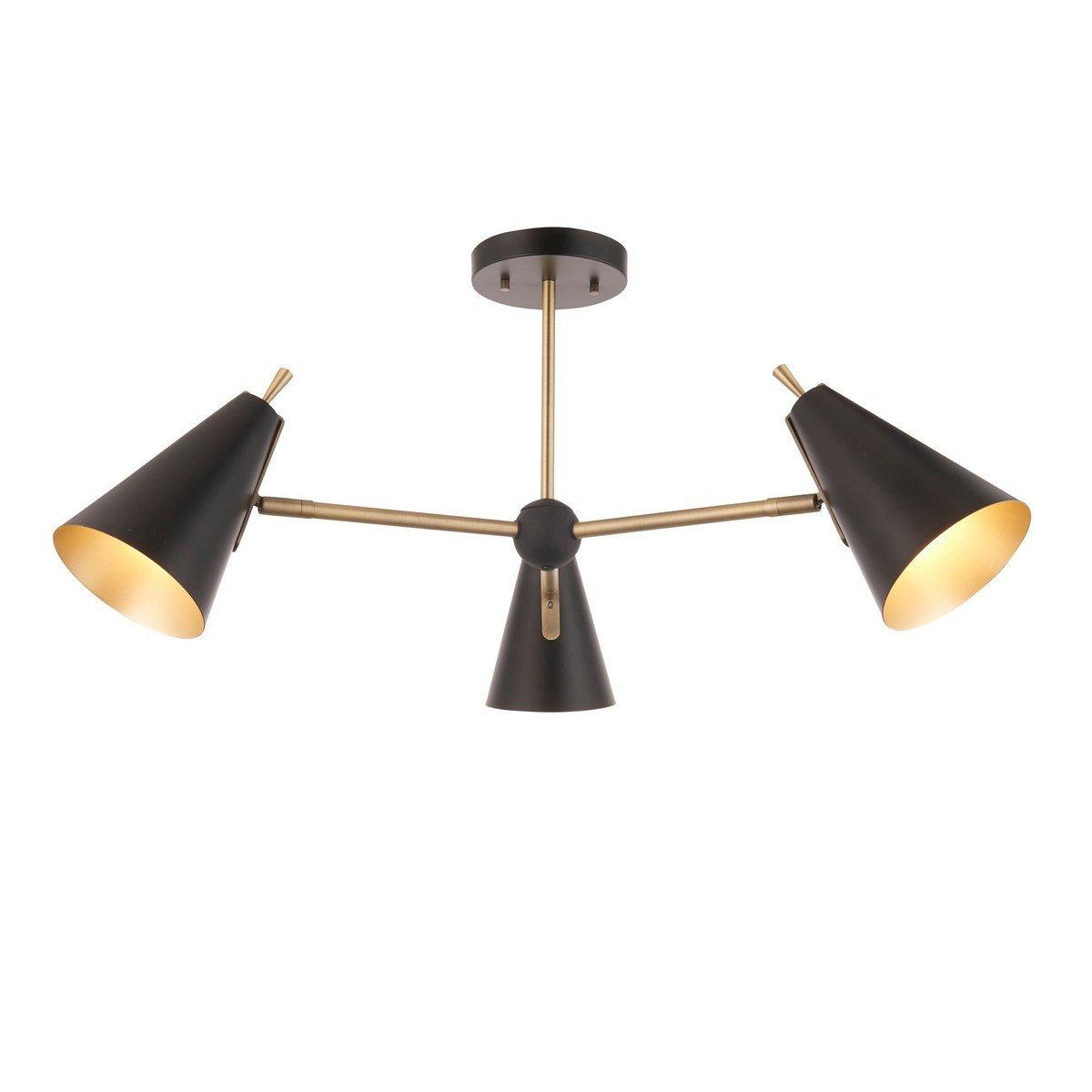 Semi-flush ceiling lamp featuring three adjustable black conical shades with matte antique brass accents, offering a modern, stylish lighting solution.