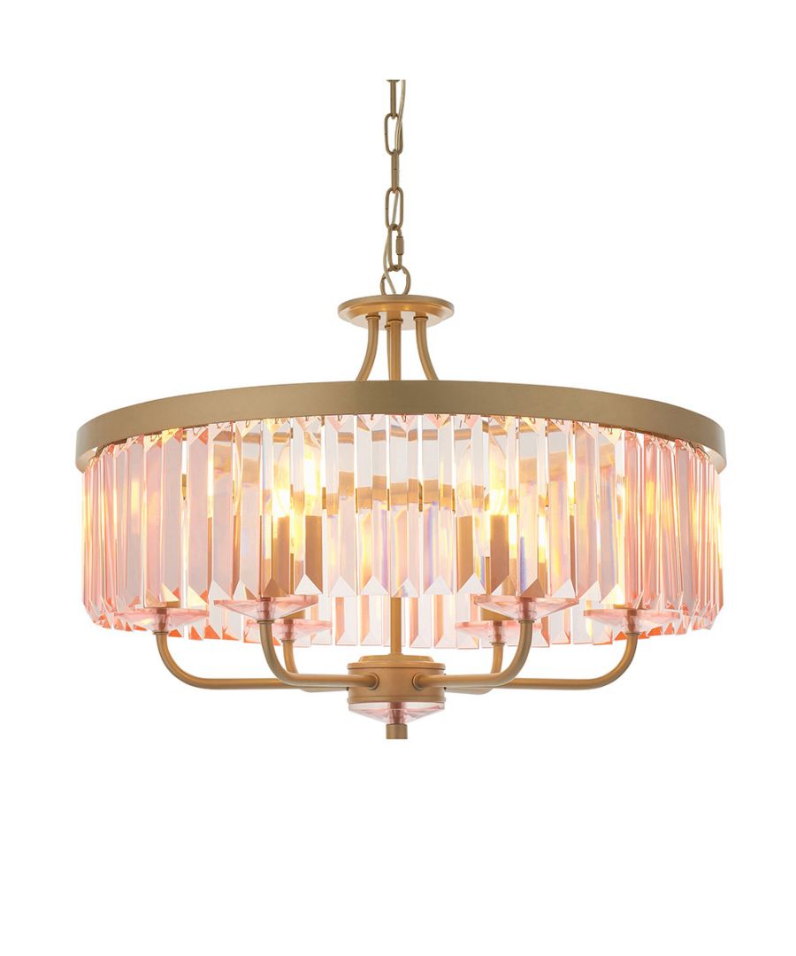 Champagne-painted ceiling pendant featuring a circular design with rose pink cut glass crystals, illuminating six bulbs for a stylish, elegant look.