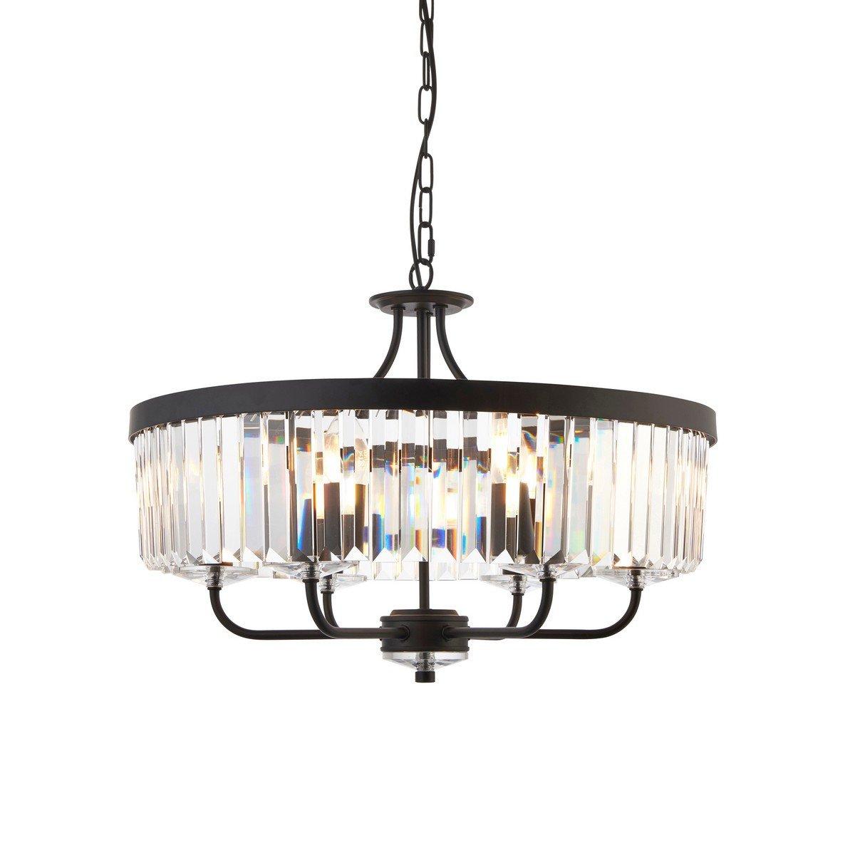Matt black multi-arm pendant lamp featuring a circular design with cut glass crystals, reflecting light beautifully, suspended by a chain.