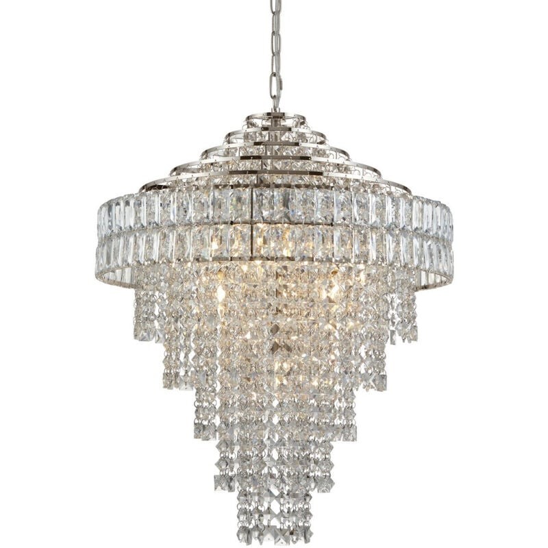 A stunning suspended ceiling light featuring a polished nickel finish and clear crystal glass, with cascading crystal strands creating an elegant, shimmering effect.