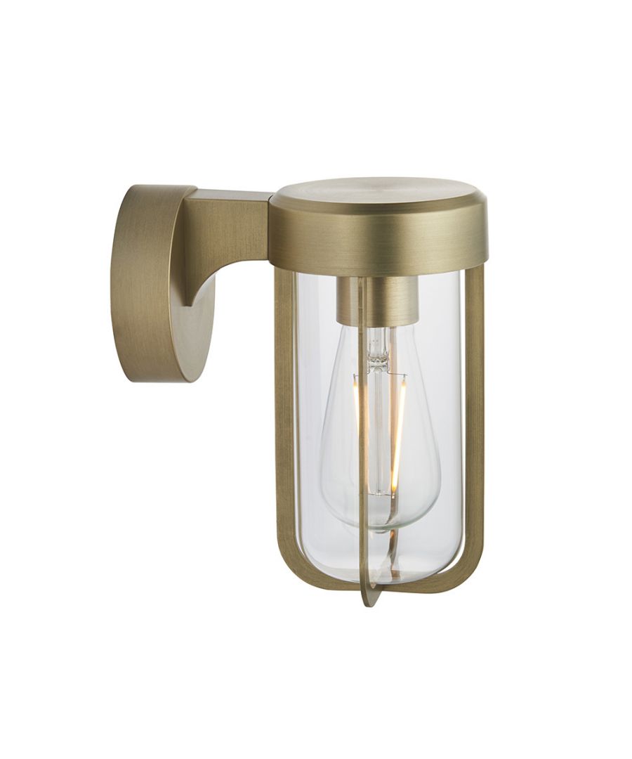 Benevento outdoor wall lamp featuring a brushed gold finish, clear glass enclosure, and an exposed bulb design, suitable for outdoor use with an IP44 rating.