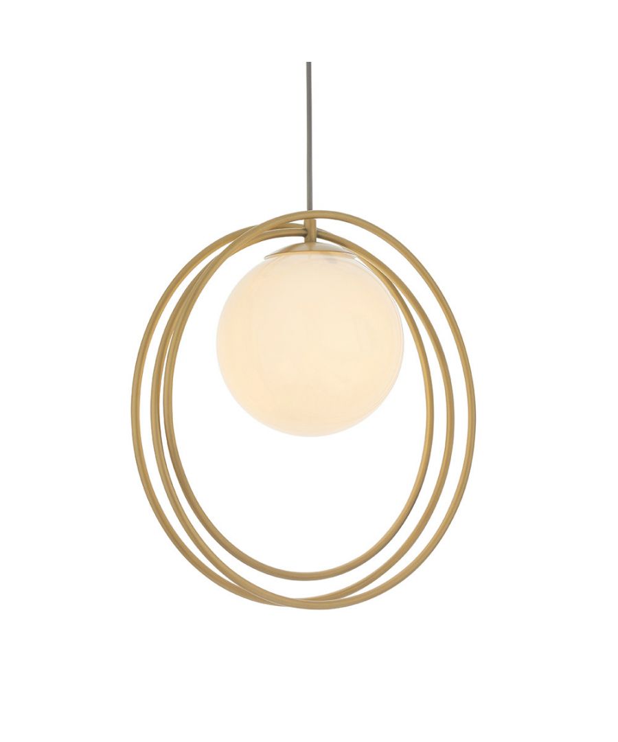 Brushed gold pendant light featuring three circular metal rings surrounding a glossy opal glass sphere, creating a modern and elegant design.