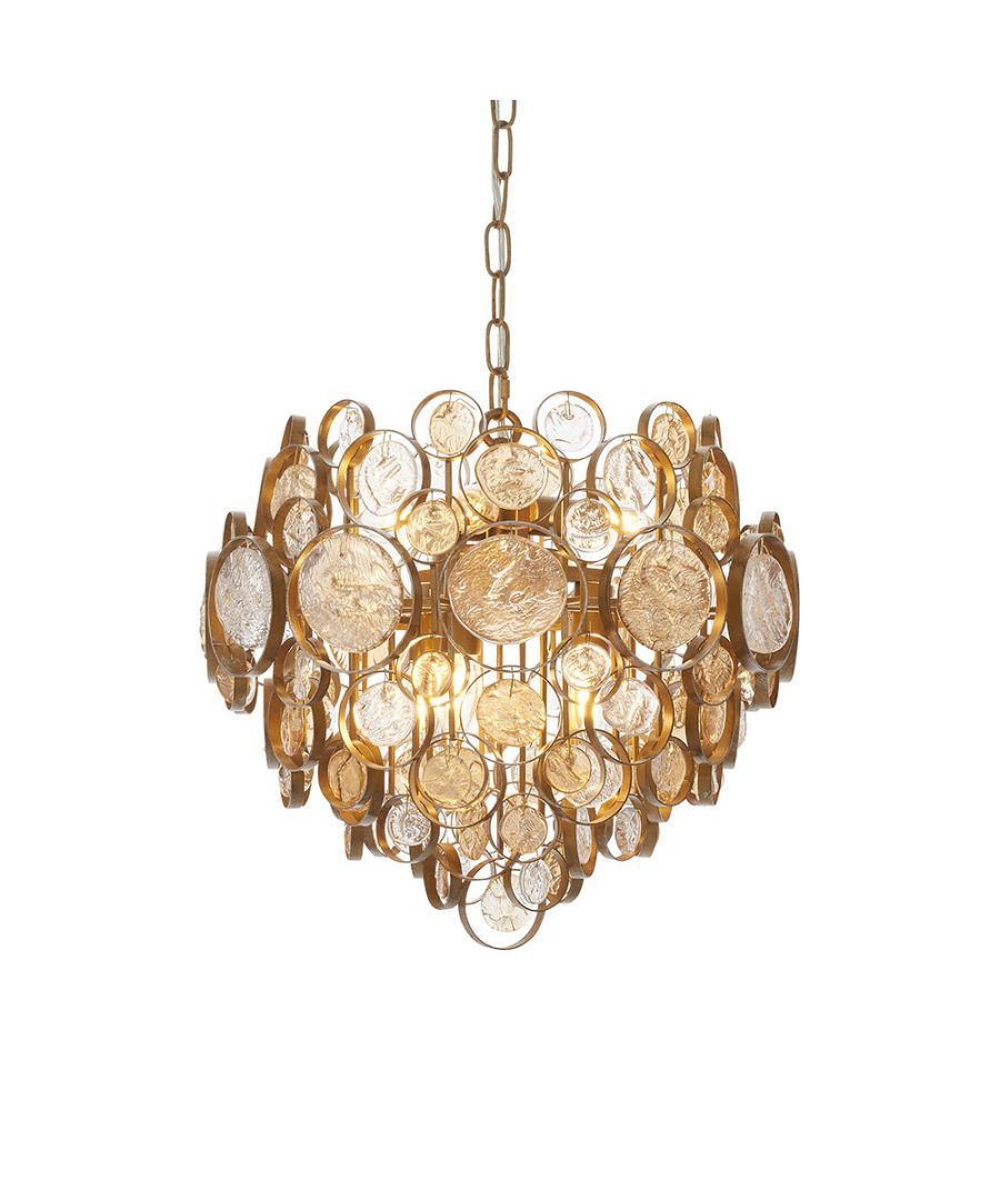 Antique gold pendant light featuring a cluster of clear and amber glass discs, creating a stylish and elegant design perfect for modern interiors.