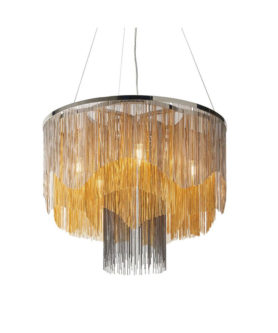 Ceiling pendant light featuring a bright nickel plate finish with gold and black effect chains, adorned with cascading metallic fringe and three inner bulbs for illumination.