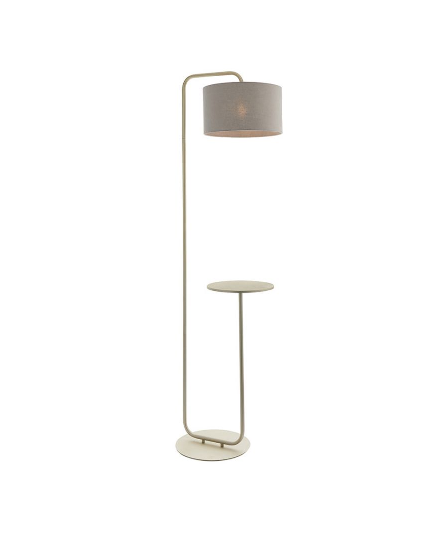 Sleek floor lamp in satin champagne paint with a slate grey fabric shade, featuring a modern design and an integrated side table for added functionality.