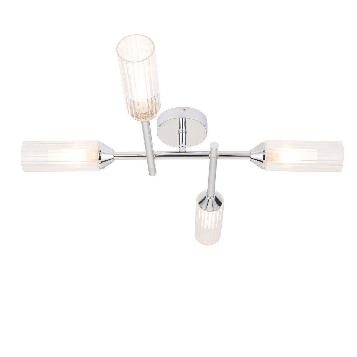 Chrome plate semi-flush ceiling lamp with ribbed glass shades, featuring three adjustable arms and IP44 rating, ideal for bathroom use.
