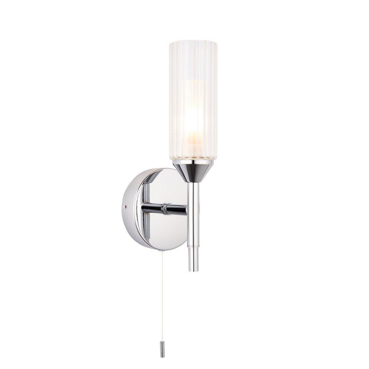 Chrome wall lamp featuring a ribbed glass shade, designed for bathrooms with an IP44 rating, complete with a pull cord for easy operation.