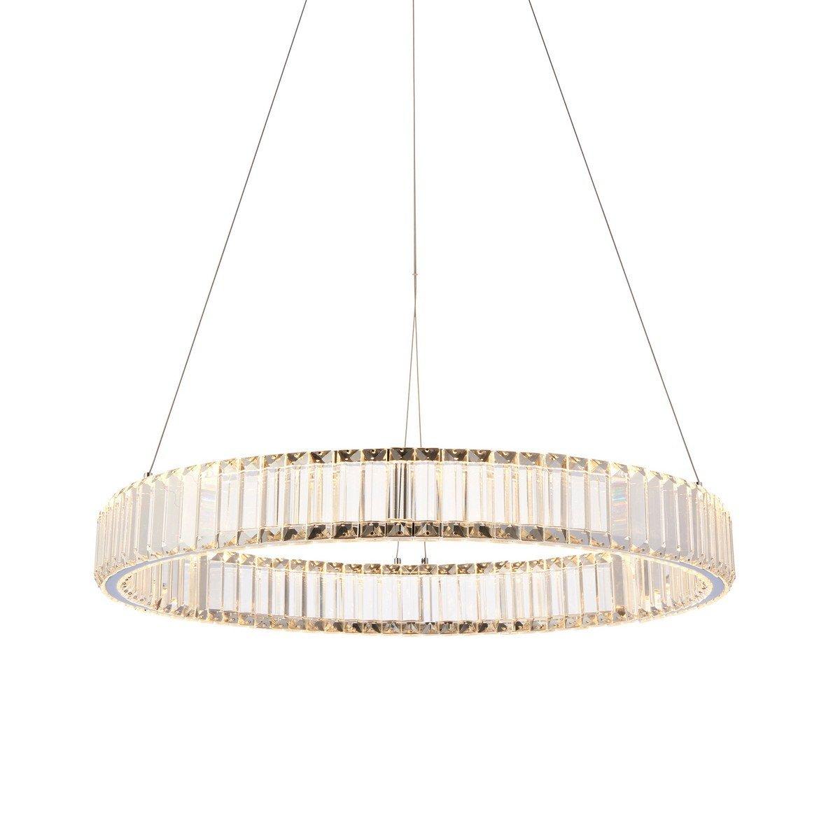 Dimmable circular pendant ceiling lamp featuring a sleek design with clear glass panels and a gold-tone frame, ideal for stylish indoor decor.