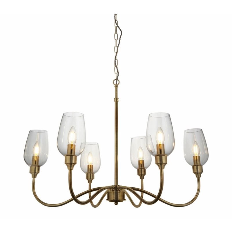 Multi-arm chandelier featuring an antique brass finish with six transparent glass shades, elegantly suspended by a chain.