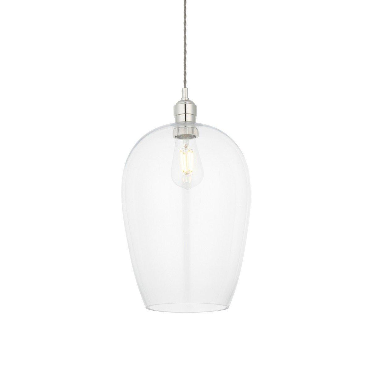 Dimmable glass pendant ceiling lamp with a sleek, transparent dome shape, featuring a silver metal socket and a visible light bulb inside.