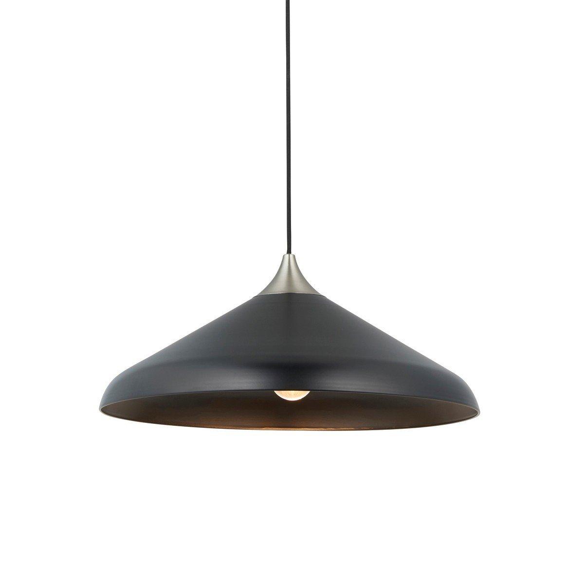 Milan Single Pendant Ceiling Lamp features a sleek matt black shade with a smooth, conical design and a contrasting matt nickel plate accent at the top.