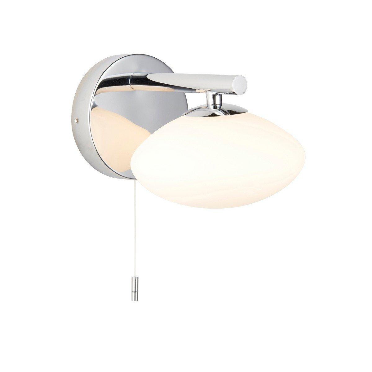 Chrome wall lamp featuring a sleek round plate and an opal glass shade, designed with a pull cord for easy operation, suitable for bathroom use with IP44 rating.