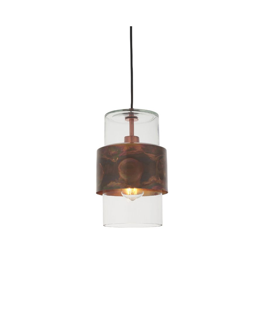 Stylish dimmable pendant ceiling light featuring a modern design with a glass shade and a copper-toned metal base, suspended from a black cord.