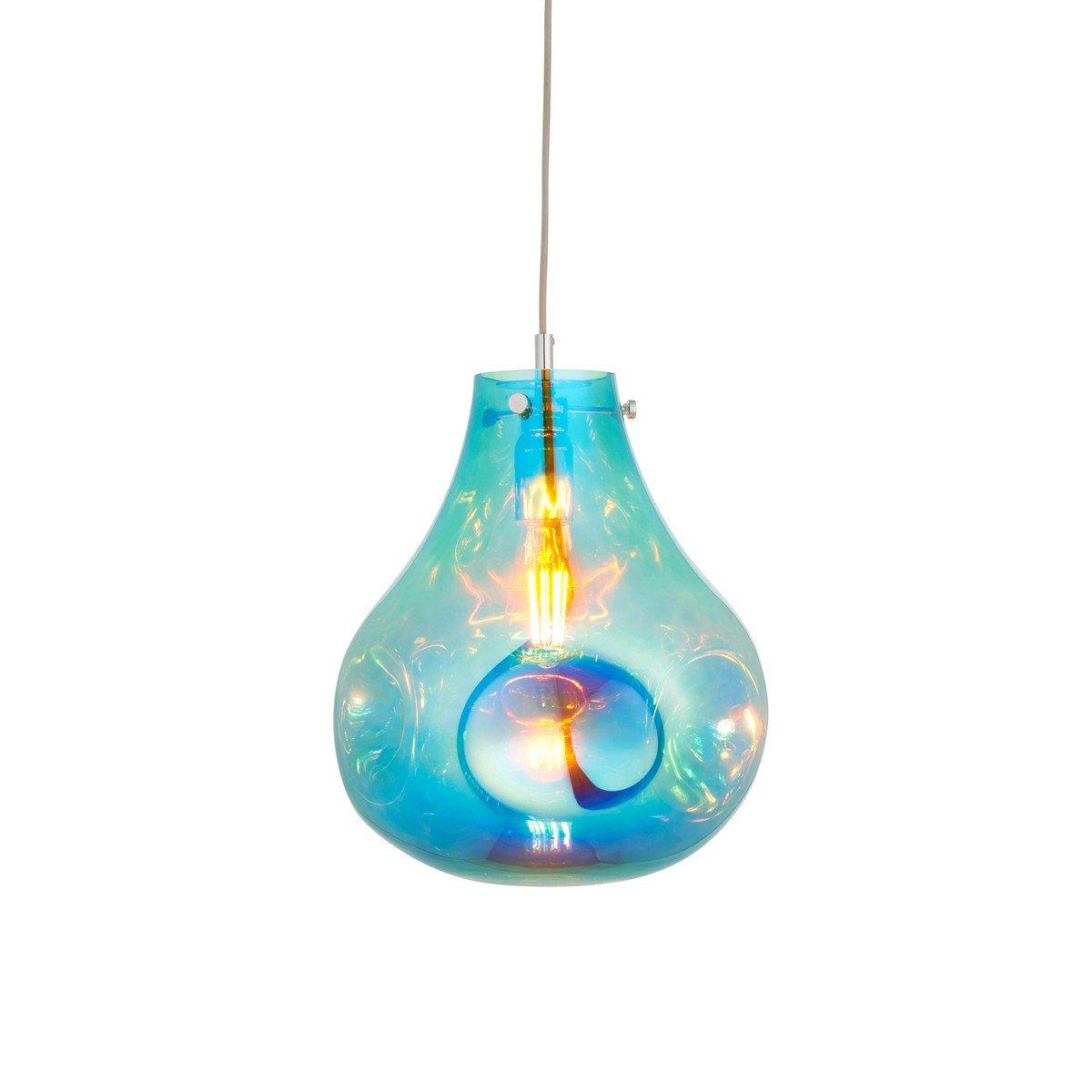 Petrol metallic glass pendant lamp with a unique teardrop shape, featuring a chrome plate and visible filament bulb, creating a vibrant, colorful glow.