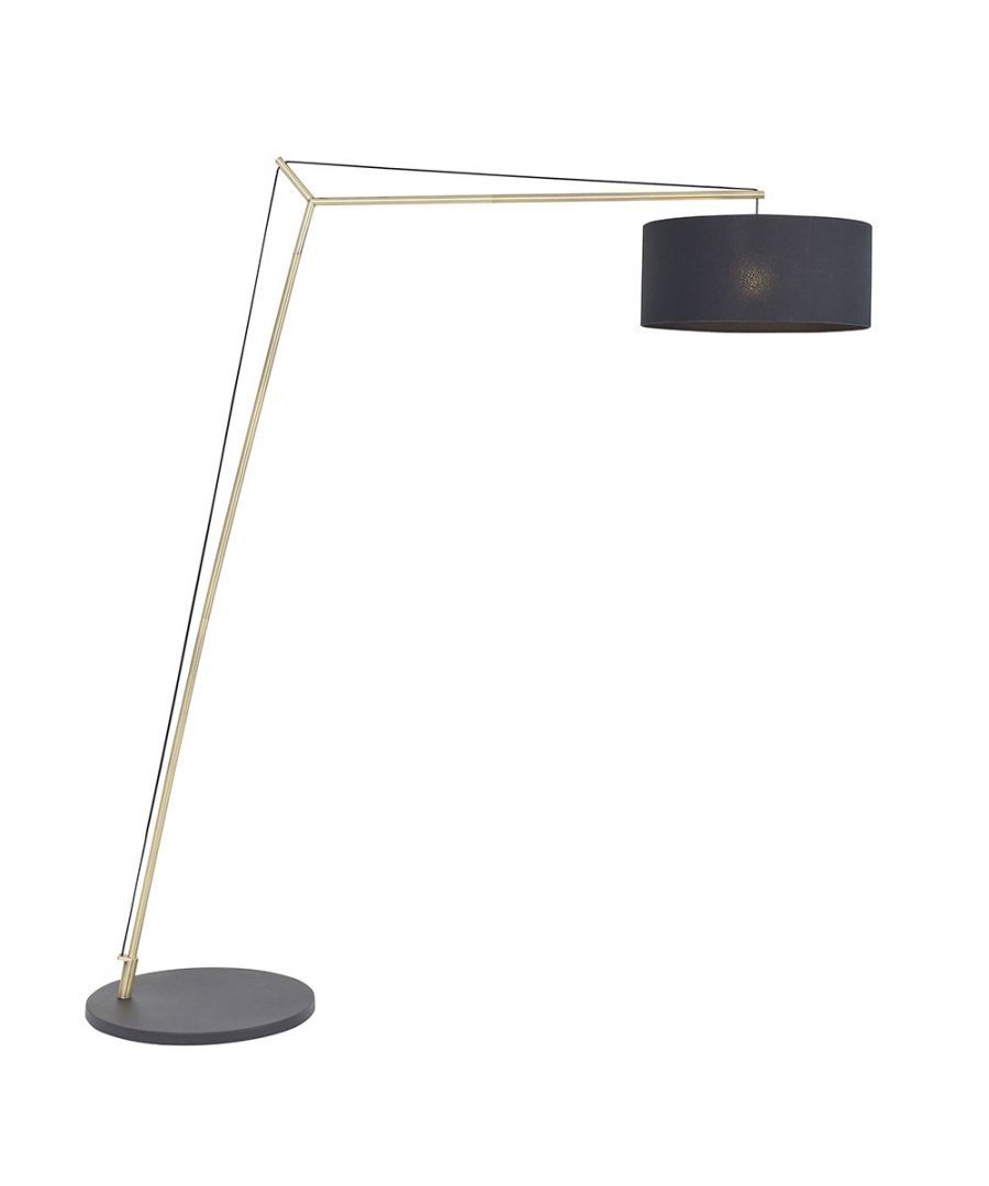 Stylish floor lamp featuring a matt brass plate base, a sleek black cotton fabric shade, and a modern angular design with an extended arm for adjustable lighting.