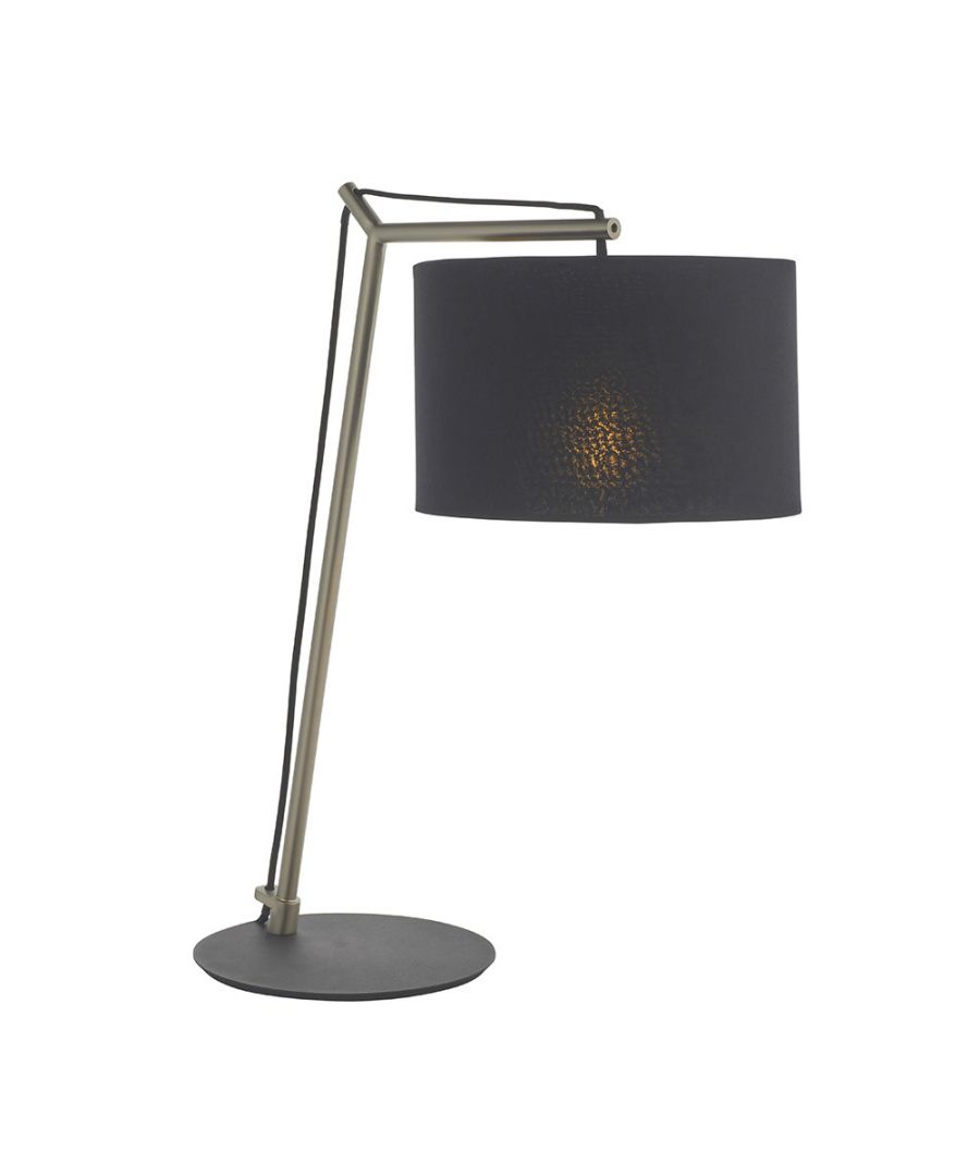 Matt nickel plate table lamp with a sleek, adjustable arm and a black cotton fabric shade, featuring a textured interior that softly diffuses light.