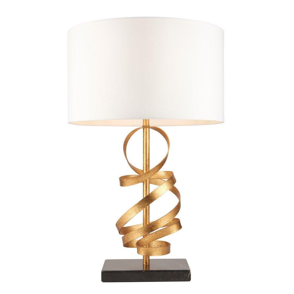 Stylish indoor table lamp featuring a white fabric shade and a gold spiral base on a black square pedestal, adding elegance to any decor.