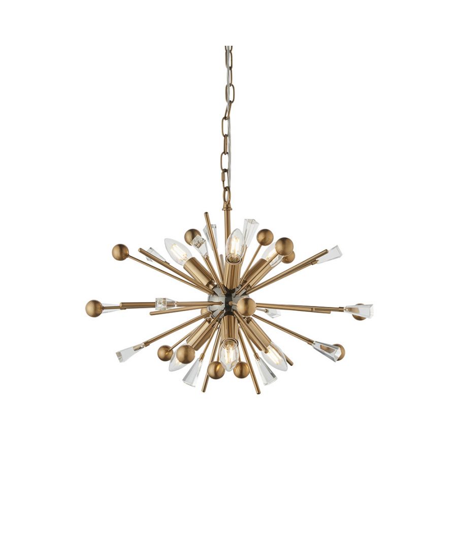 Luminosa Taormina 6 ceiling pendant features an aged brass plate, black nickel accents, and clear glass elements, showcasing a starburst design with multiple light sources.