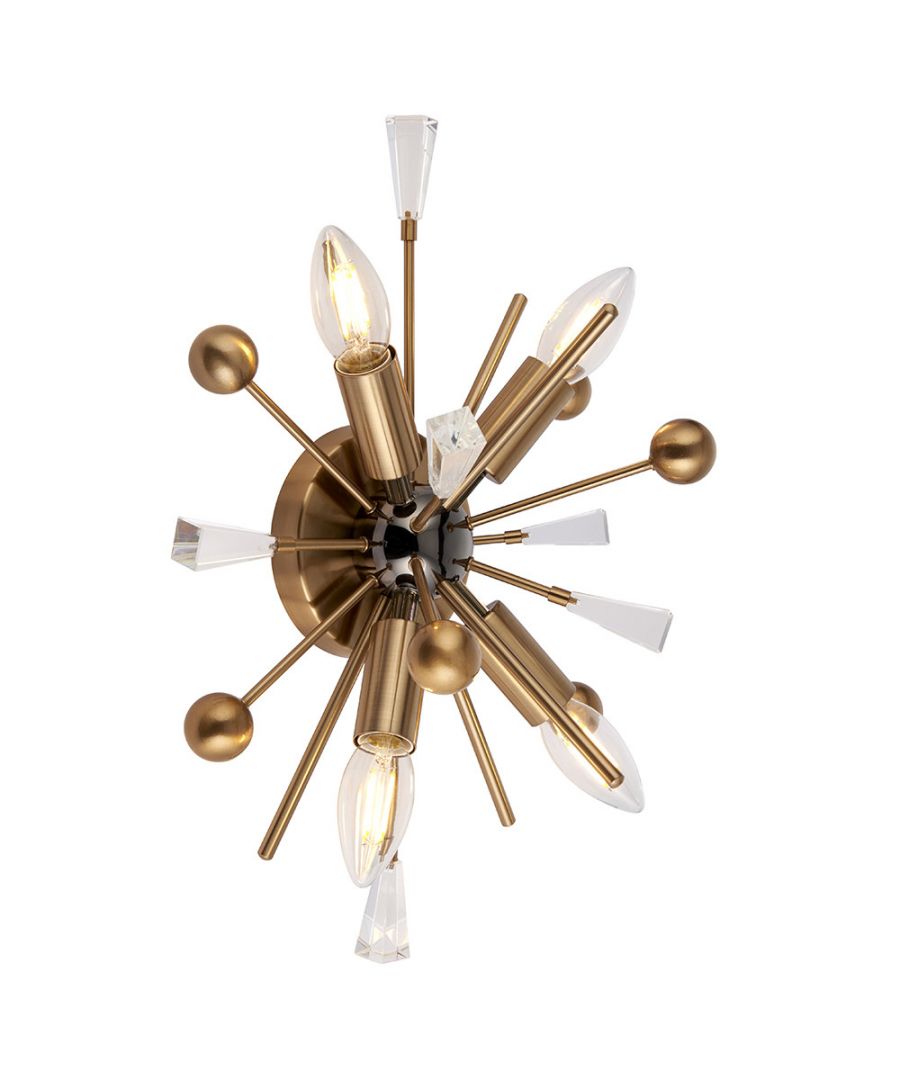 Luminosa Taormina 4 Wall Lamp features an aged brass plate, black nickel accents, and clear glass elements, showcasing a starburst design with multiple light sources.