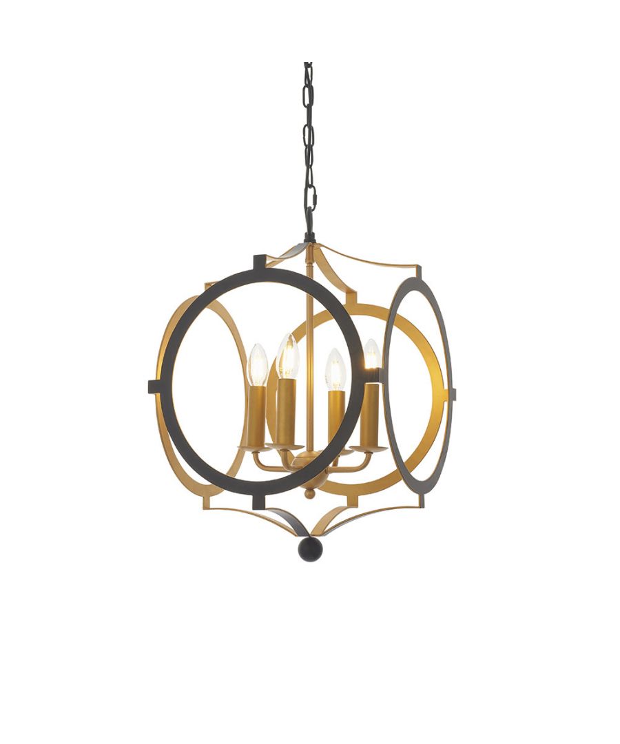 Matt black and gold pendant light featuring a circular design with four candle-style bulbs, suspended by a chain, showcasing a modern and elegant aesthetic.
