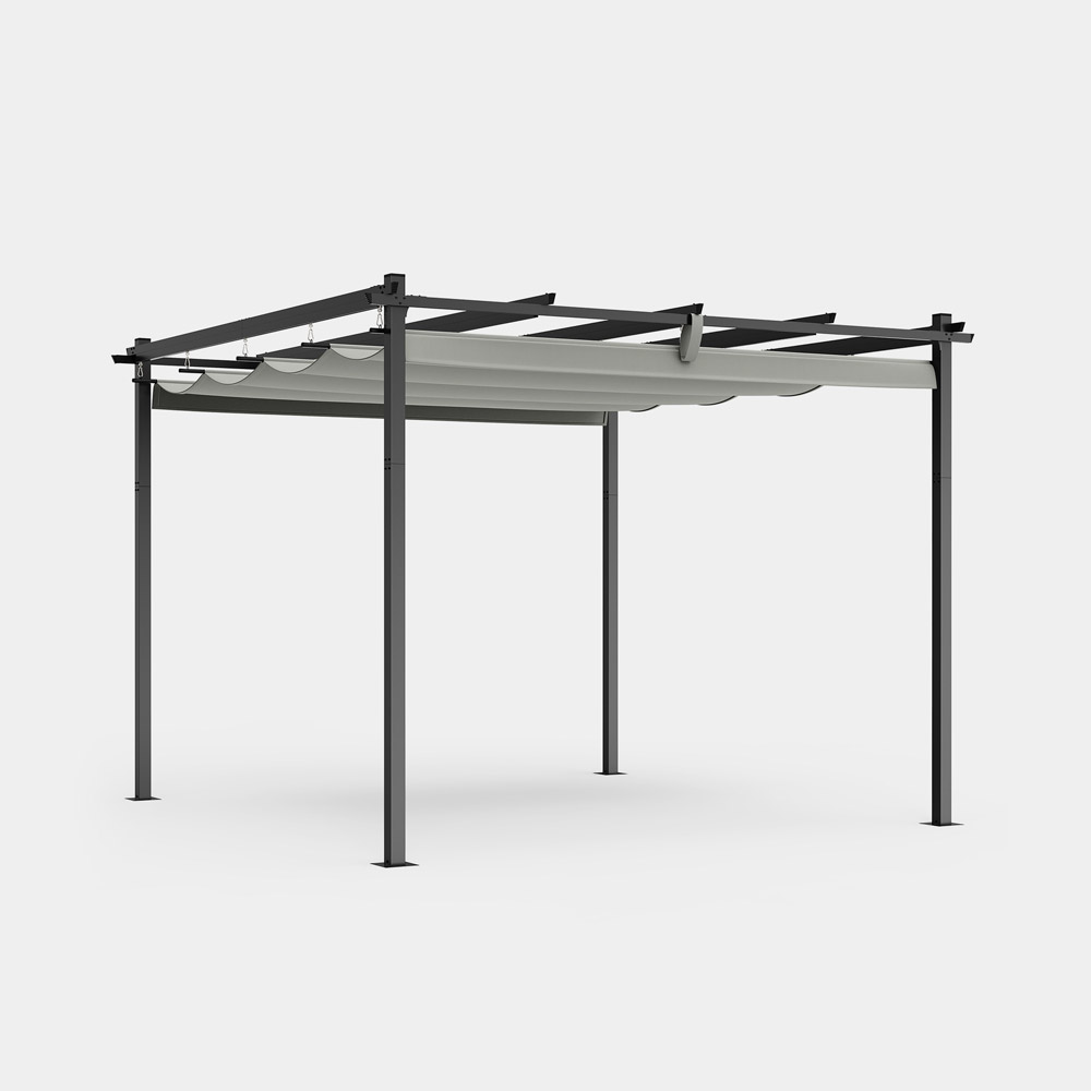 Grey metal pergola measuring 3m x 3m, featuring a slatted roof design with a fabric cover, supported by sturdy black posts.