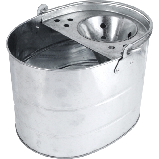 Traditional galvanised metal watering can with an oval shape, featuring a spout and a removable top with holes for even water distribution.