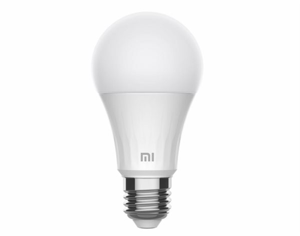 White LED smart bulb with a rounded top and a silver screw base, featuring the Xiaomi logo on the lower part, designed for 2700K warm light and 810 lumens brightness.