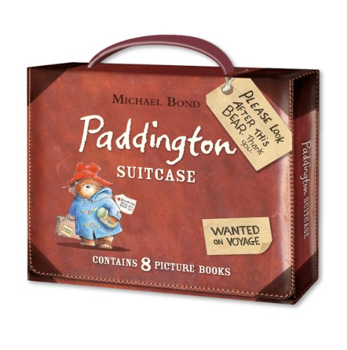 Brown suitcase with a red handle, featuring a whimsical illustration of Paddington Bear, and text that reads "Paddington Suitcase" and "Contains 8 picture books."
