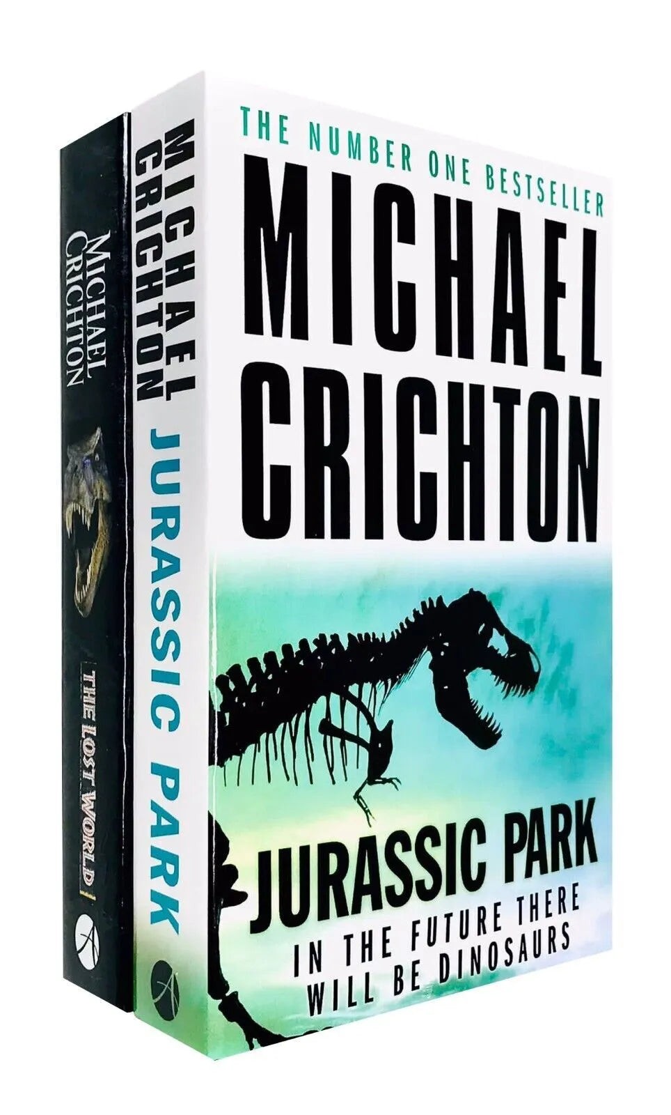 Two paperback books in a set featuring "The Lost World" and "Jurassic Park" by Michael Crichton, with a striking cover design showcasing a dinosaur skeleton and bold typography.