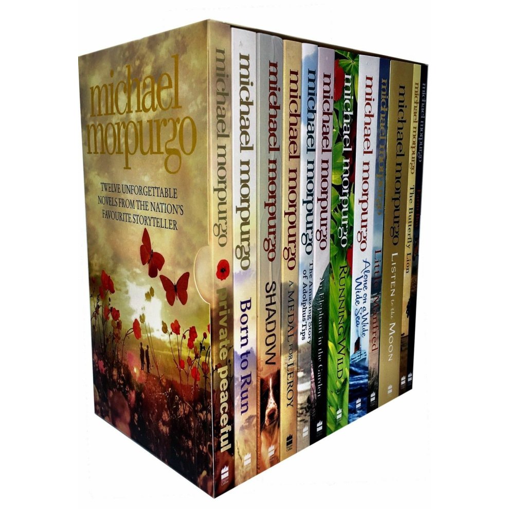 Twelve colorful hardcover books by Michael Morpurgo, featuring titles like "Farm Boy" and "Private Peaceful," displayed in a sturdy box set with floral and nature-themed designs.