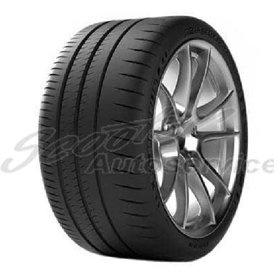 Black Michelin Pilot Sport Cup 2 tire with a sleek, performance-oriented tread pattern, featuring a 325/30 ZR19 size and marked as EV suitable, mounted on a silver alloy wheel.