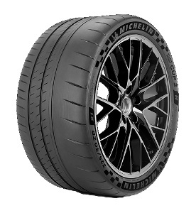 Black Michelin Pilot Sport Cup 2 R tire with a wide tread pattern, featuring a sleek design and sidewall markings indicating size (315/30 ZR20) and performance specifications.