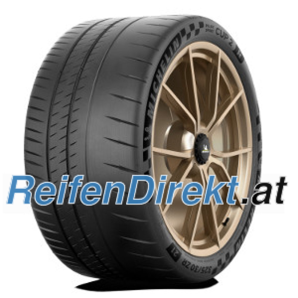 Michelin Pilot Sport Cup 2 R tire in size 335/30 ZR20 features a sleek black rubber surface with pronounced tread patterns and a gold alloy wheel, designed for high-performance vehicles.