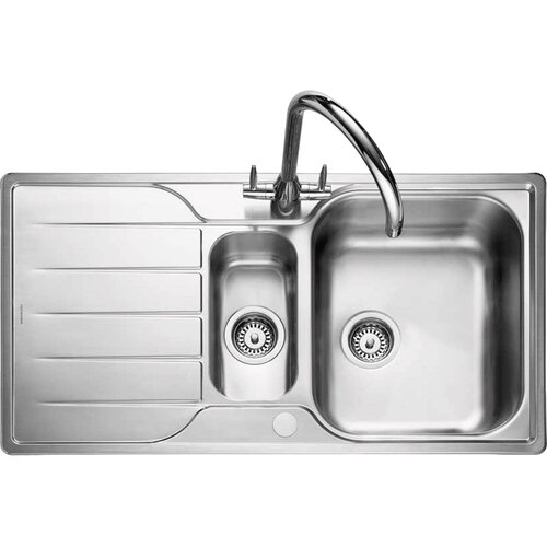 Polished stainless steel inset sink featuring 1.5 bowls, a sleek design, a single lever chrome faucet, and integrated draining grooves on the left side.