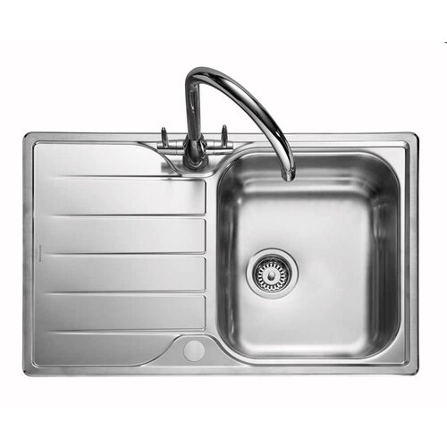 Compact stainless steel inset sink with a single bowl, featuring a sleek design, integrated draining board, and a shiny chrome faucet.