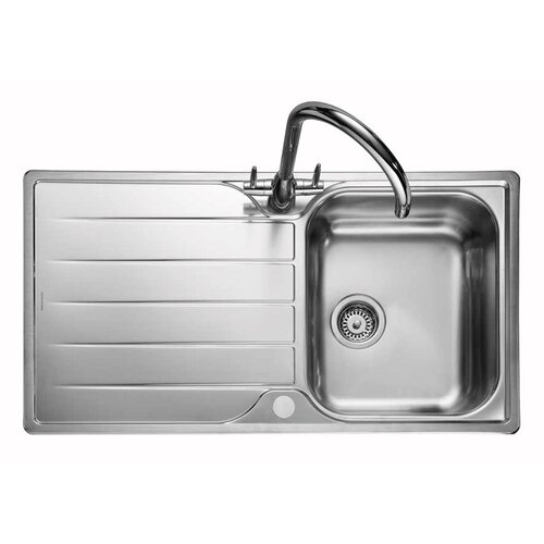 Polished stainless steel inset sink with one bowl, featuring a sleek design, integrated drainer grooves, and a modern chrome faucet.